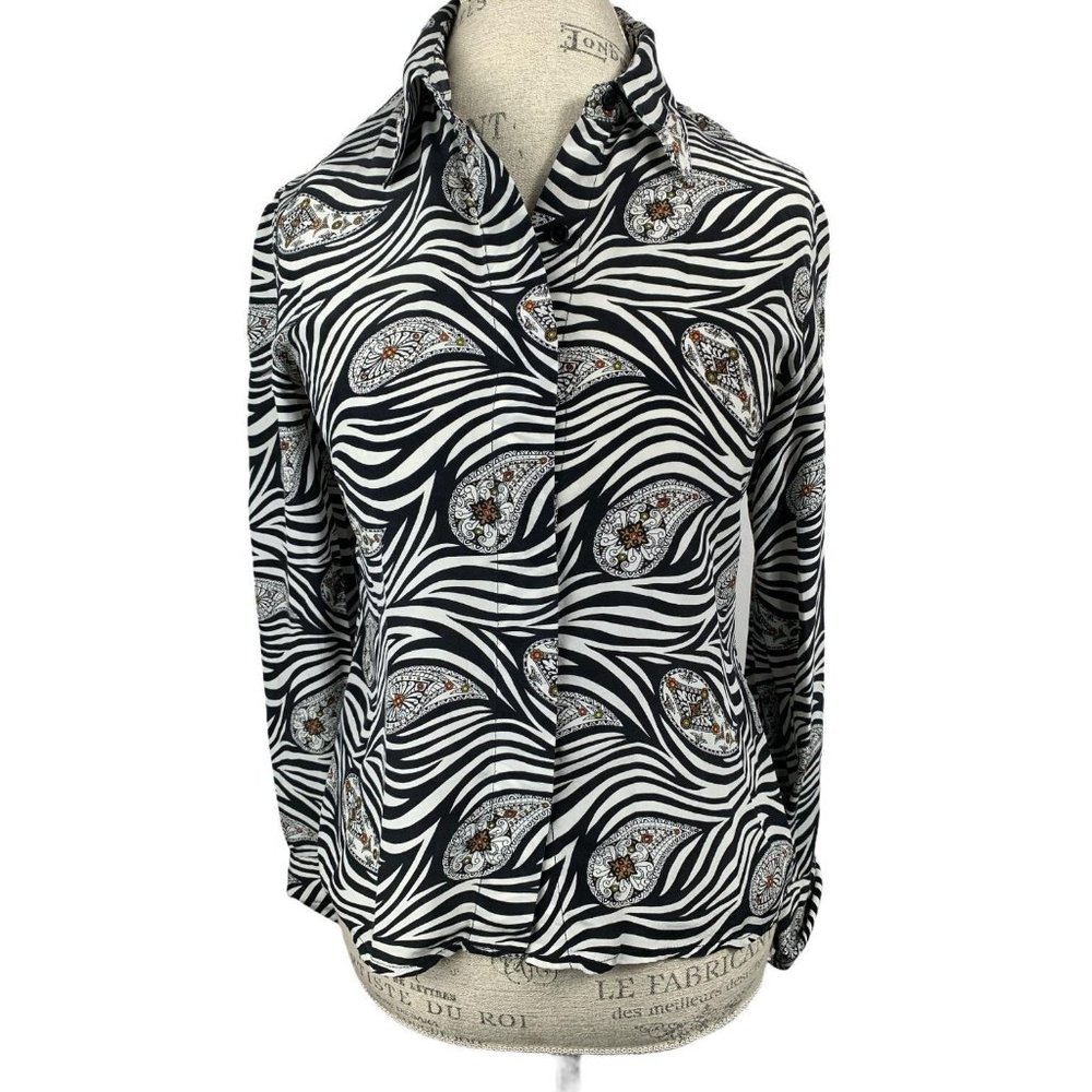 COLOR FX Silk Black White Zebra Paisley blouse